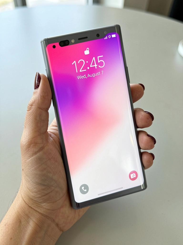 Smartphone Samsung Galaxy em cima de uma mesa de madeira, com a tela ligada mostrando o menu de aplicativos, iluminação natural vinda de uma janela ao fundo.