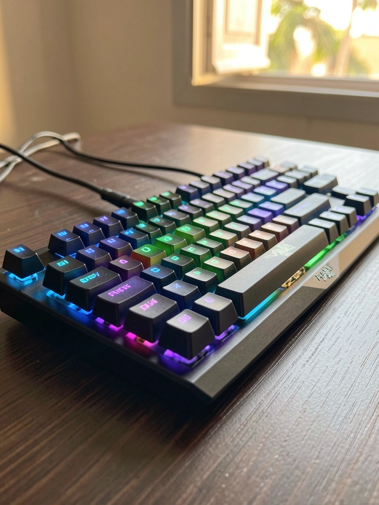 Teclado Razer preto com teclas RGB arco-íris em mesa de madeira escura, luz natural, cabos organizados, fundo levemente desfocado.