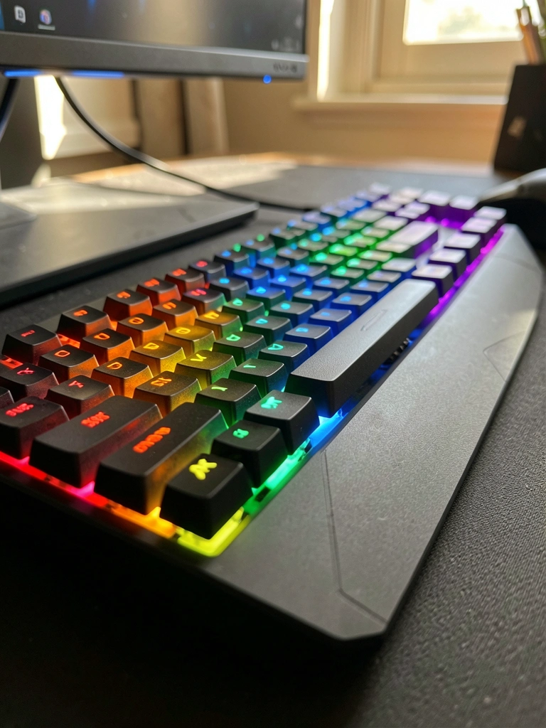 Teclado gamer preto fosco com iluminação RGB arco-íris sobre superfície escura, cabos conectados e luz natural de janela criando sombras suaves.
