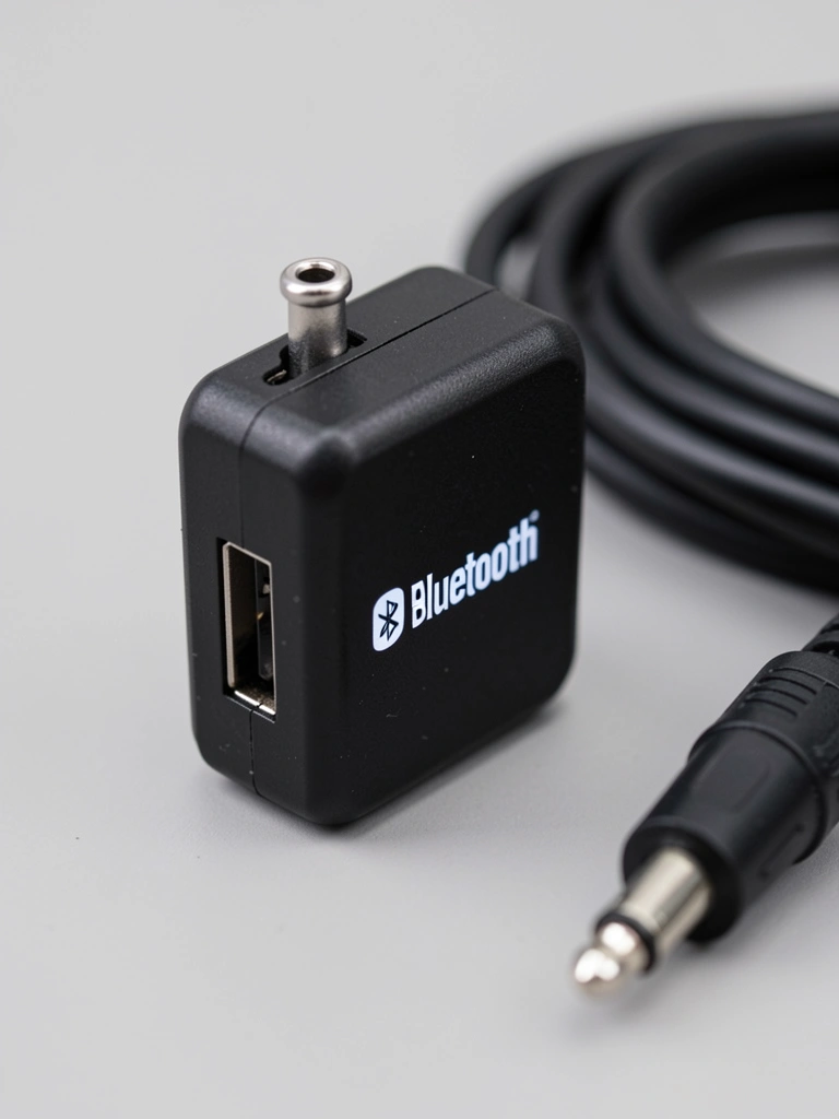 Dispositivo Bluetooth preto fosco com logotipo branco, porta USB lateral e conector P2 no topo; cabo espiralado à direita com fundo cinza neutro.