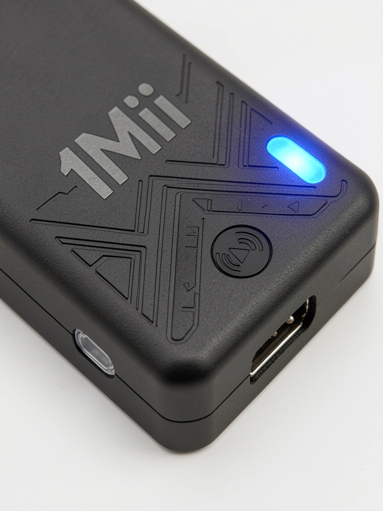 Receptor Bluetooth 1Mii preto fosco com padrões geométricos, LED azul no canto e porta de carregamento na borda inferior.