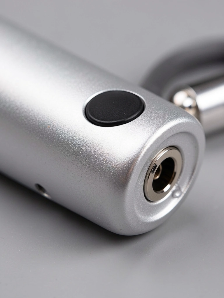 Bluetooth microfone prateado com botão preto e conector P2, reflexos suaves sobre fundo cinza desfocado.