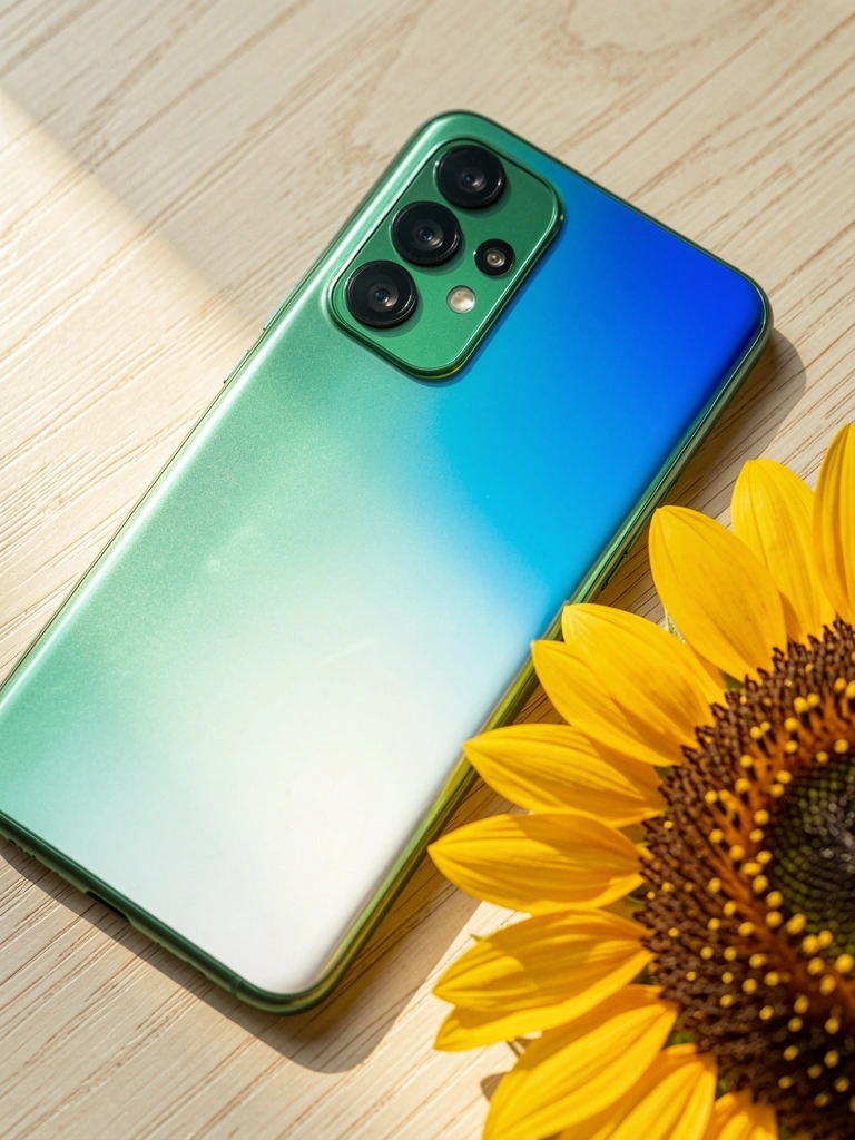 Smartphone Samsung Galaxy A14 verde sobre mesa de madeira clara, com girassol ao lado e luz natural incidindo na câmera traseira tripla.