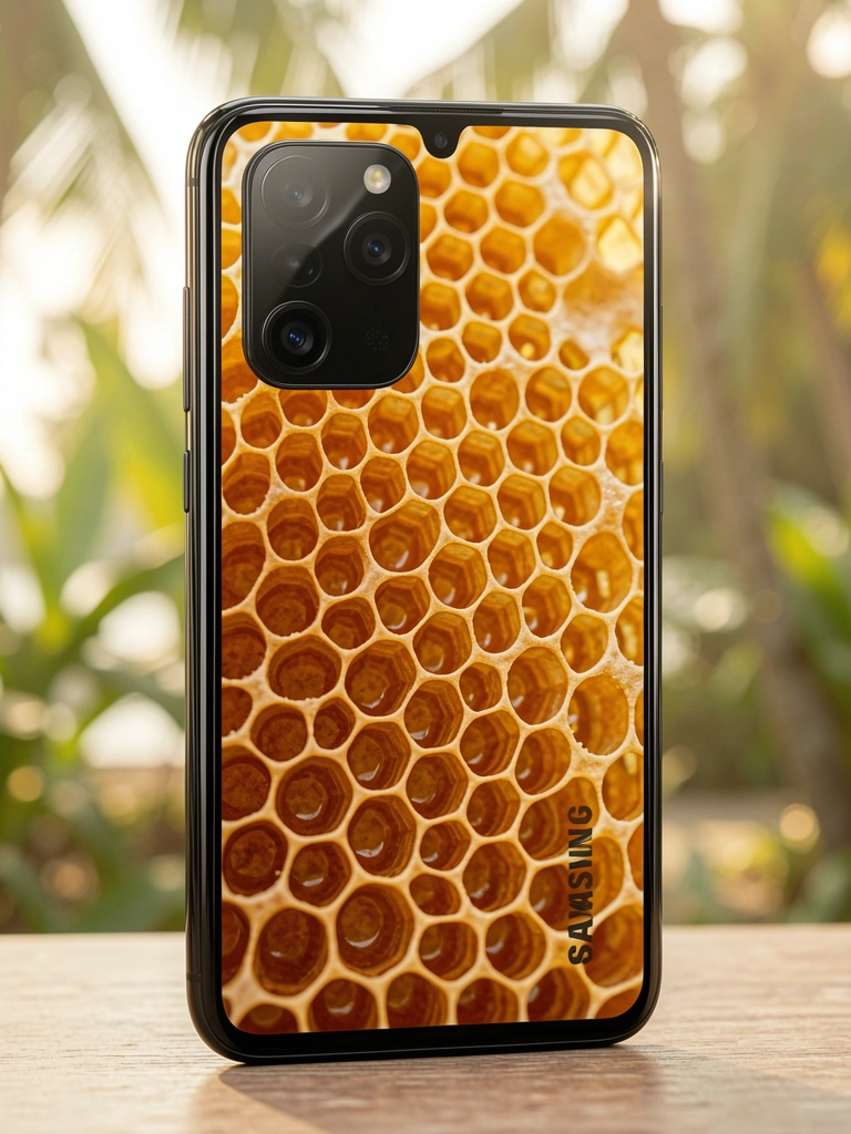 Smartphone Samsung Galaxy A34 preto com três lentes traseiras, tela exibindo favo de mel dourado, luz natural quente e fundo desfocado tropical.