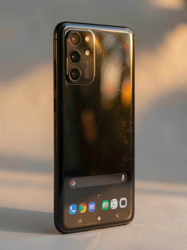 Smartphone Samsung Galaxy A73 preto em close vertical, câmera traseira com detalhes metálicos, reflexos de luz natural na superfície brilhante, fundo cinza neutro desfocado.