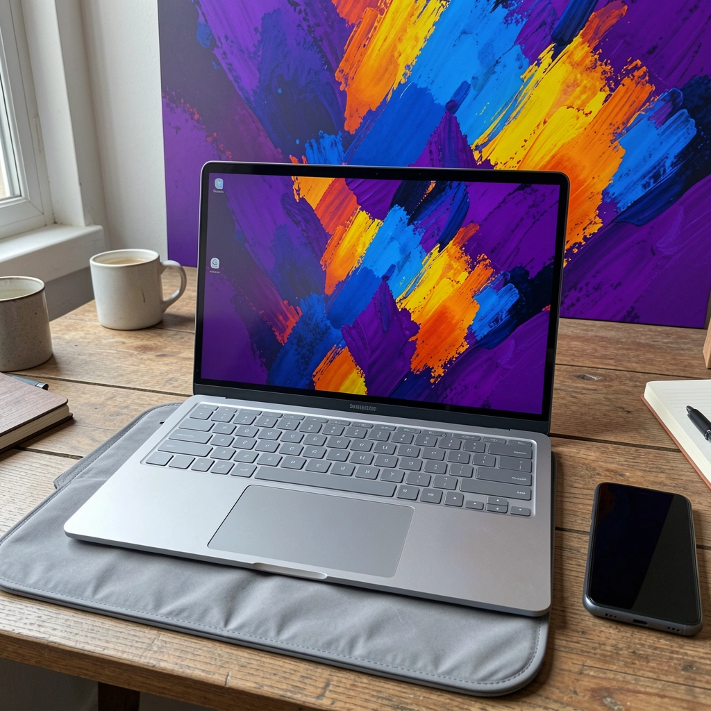 Notebook Samsung aberto sobre mesa de madeira com celular Galaxy ao lado
