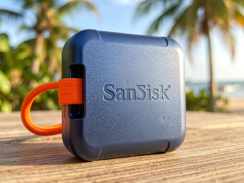 SSD portátil SanDisk azul-escuro com superfície texturizada e alça de corda laranja, iluminação natural destacando os detalhes metálicos.