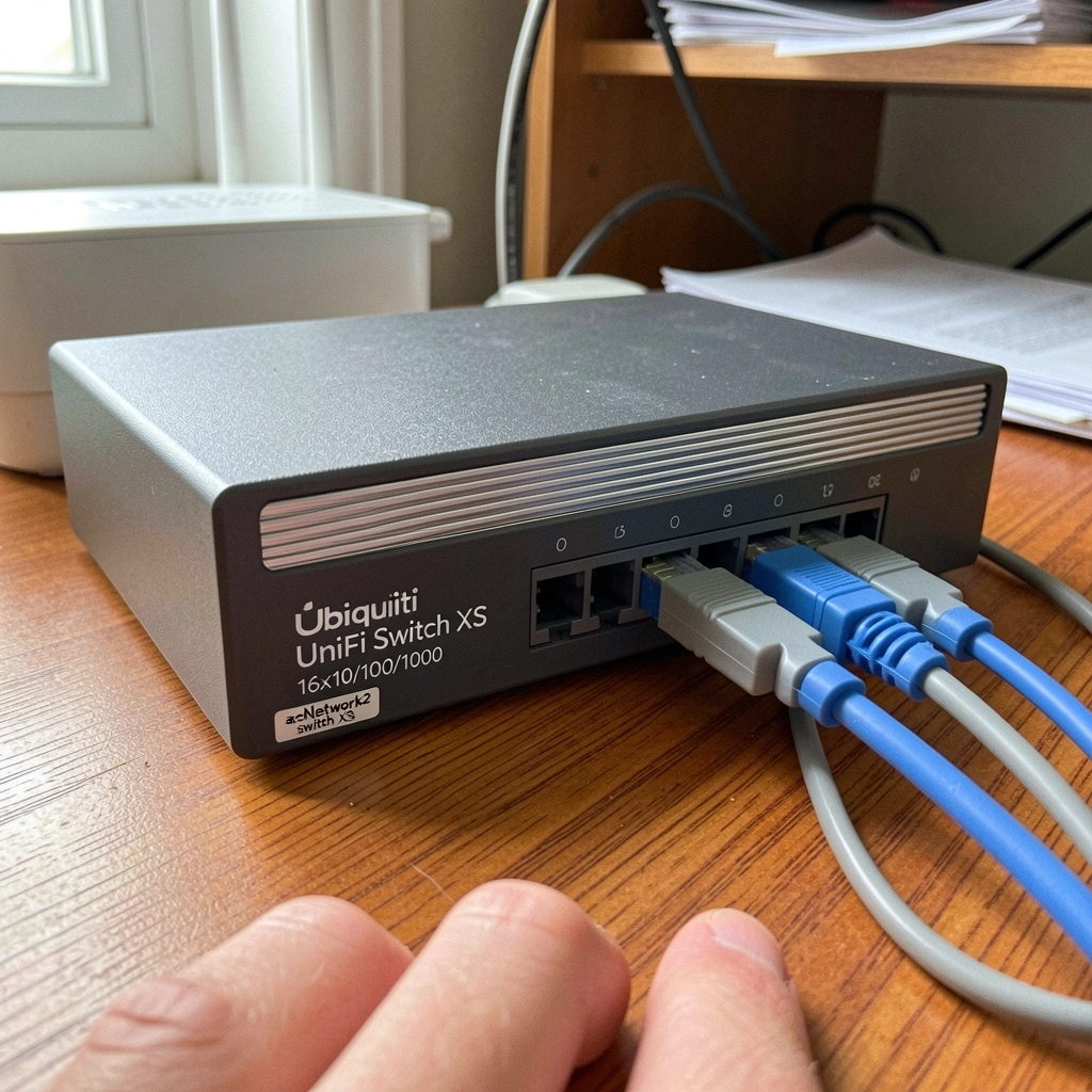 Switch de rede com cabos Ethernet azuis conectados, ao lado de um roteador preto.