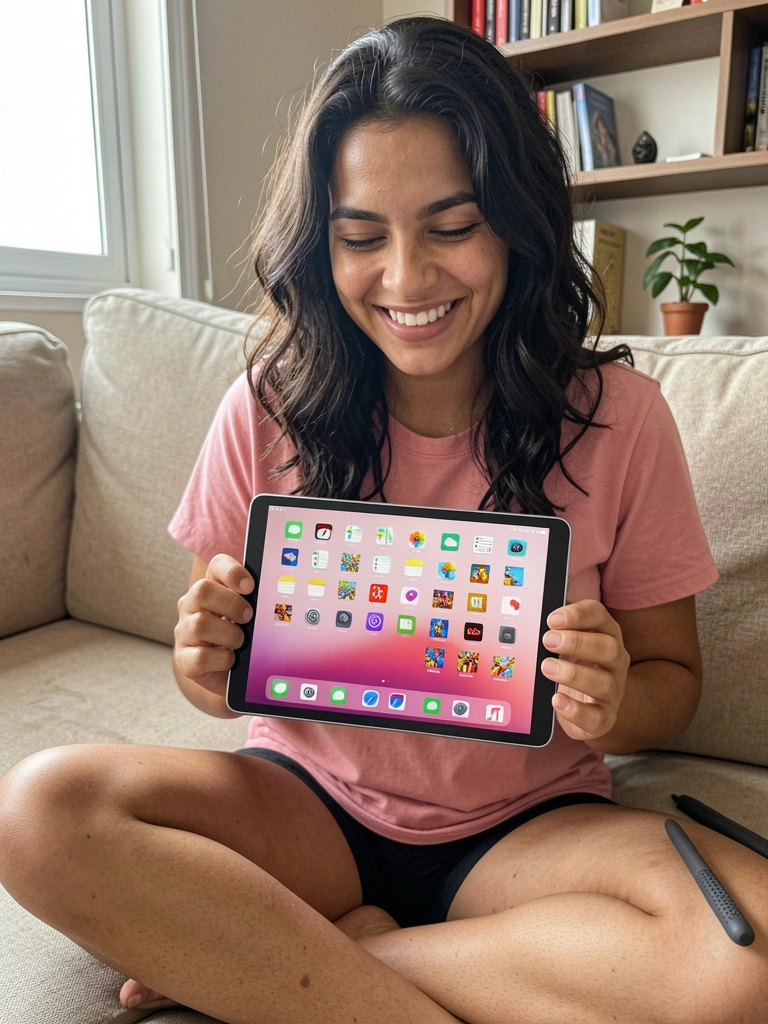 Pessoa segurando tablet com tela cheia de aplicativos e jogos