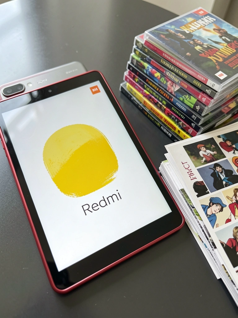 Tablet apoiado sobre mesa com pilhas de jogos, filmes e fotos impressas ao redor