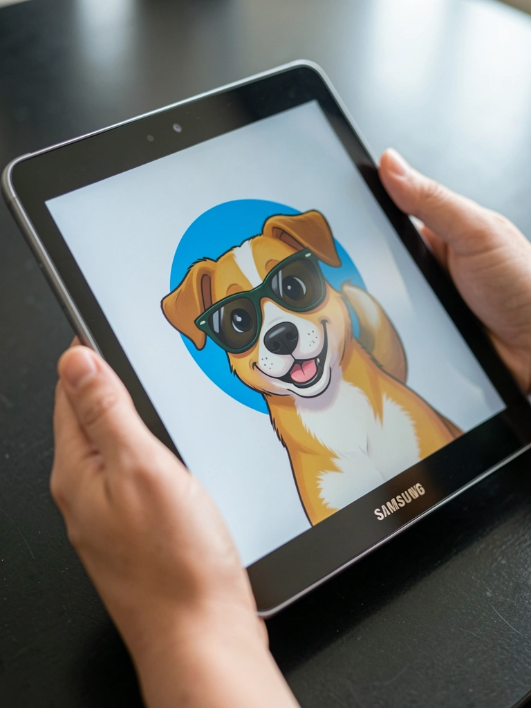 Tablet prateado sobre superfície escura refletindo luz suave, com duas mãos segurando-o e tela exibindo desenho de cachorro de óculos escuros.
