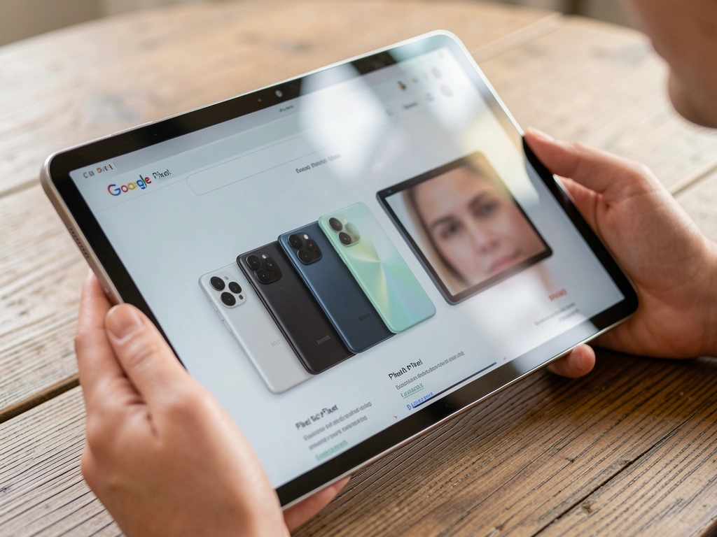 Tablet Samsung Galaxy Tab S9 FE+ 5G sobre mesa de madeira, mãos seguram o aparelho com tela exibindo site da Google Pixel, reflexo do ambiente no display, iluminação suave e natural.