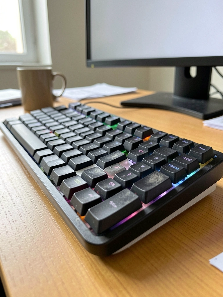 Teclado mecânico com teclas iluminadas em azul e rosa sobre mesa de madeira clara