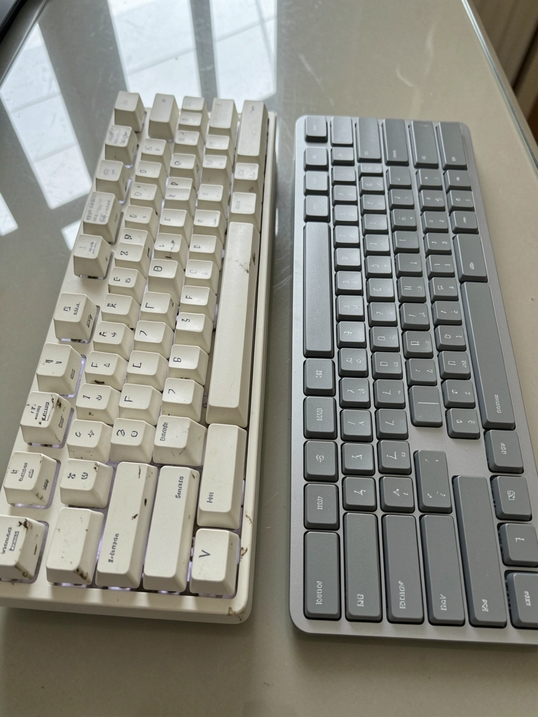 Teclado mecânico com teclas coloridas ao lado de teclado de membrana cinza sobre mesa de madeira.