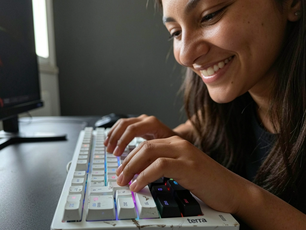 Mãos de um gamer sobre teclado mecânico com teclas iluminadas em azul e vermelho.