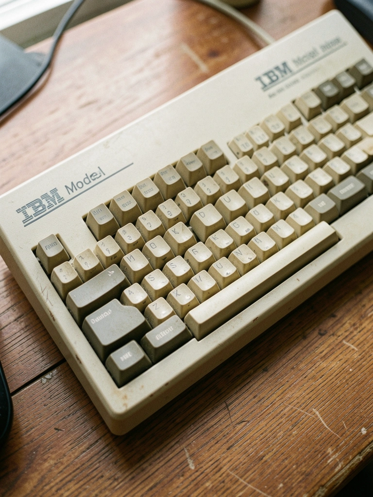 Teclado IBM Model M bege sobre mesa de madeira clara, com iluminação suave vinda da esquerda.
