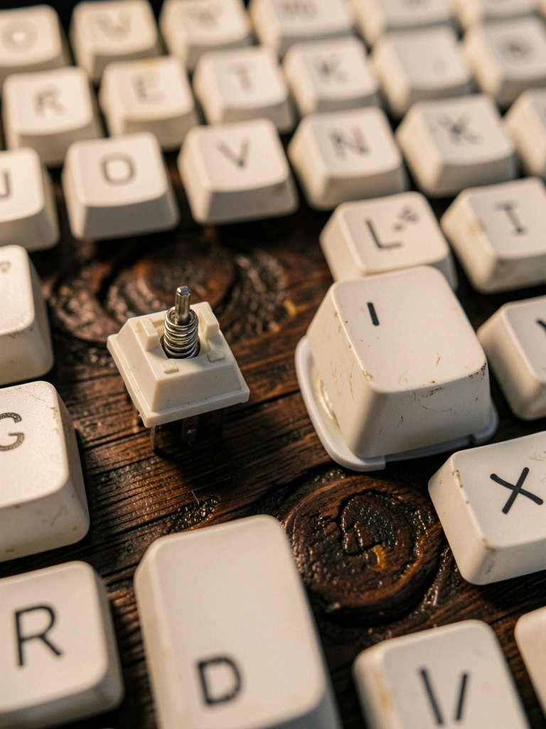 Close-up comparando switches Cherry MX azuis e um switch de membrana, com diferenças de construção visíveis.