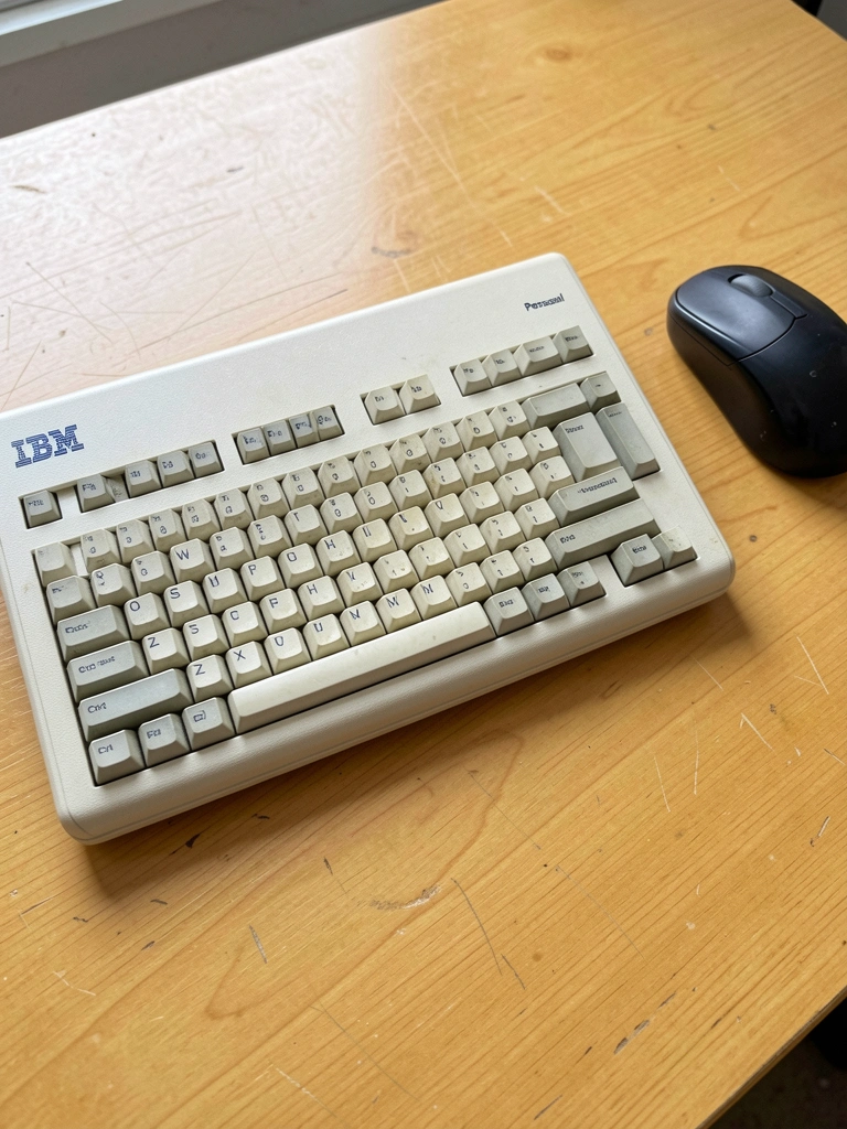 Três teclados vintage lado a lado: IBM cinza, Apple compacto e AZIO retrô, sobre mesa de madeira.
