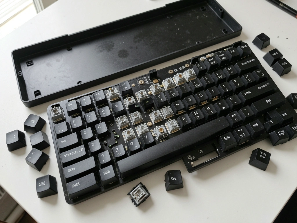 Teclado mecânico aberto revelando placa-mãe e switches coloridos