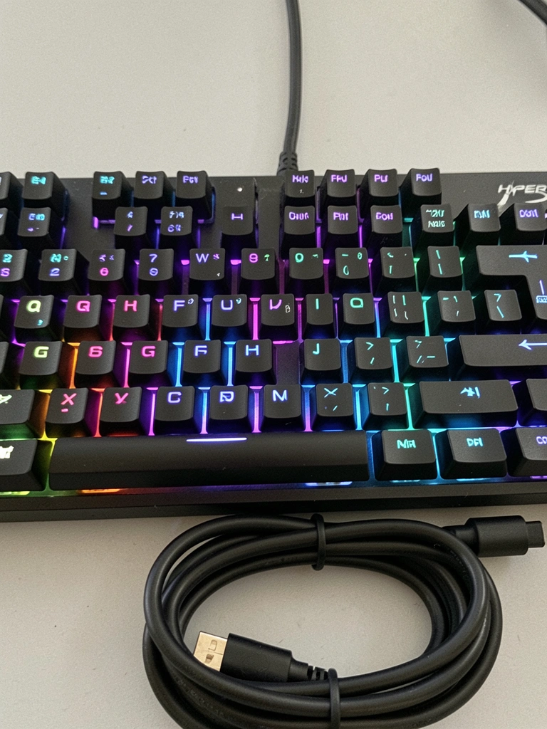 Close do teclado HyperX Alloy com teclas iluminadas em RGB