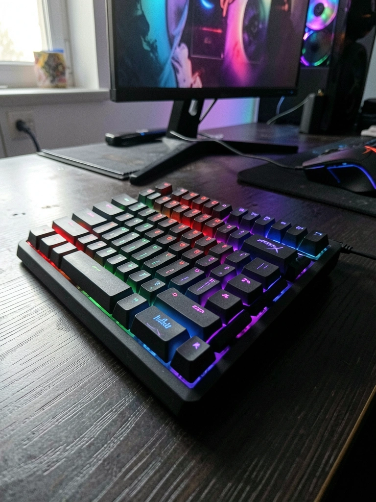 Teclado HyperX Alloy Core RGB com teclas iluminadas em várias cores, sobre mesa escura em ambiente gamer