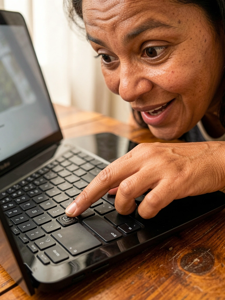 Pessoa olhando para o teclado do notebook com expressão de surpresa
