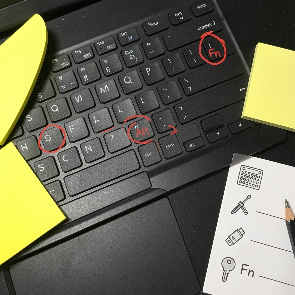 Checklist com ícones de teclado, chave de fenda, driver e tecla Fn