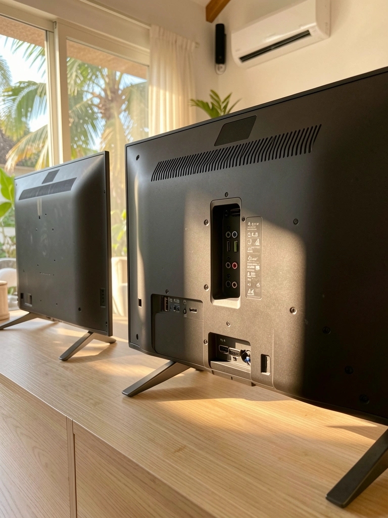 Três TVs LG 32 polegadas exibidas em sala clara, luz natural entra por janela ampla, painéis traseiros detalhados com portas e botões nítidos.