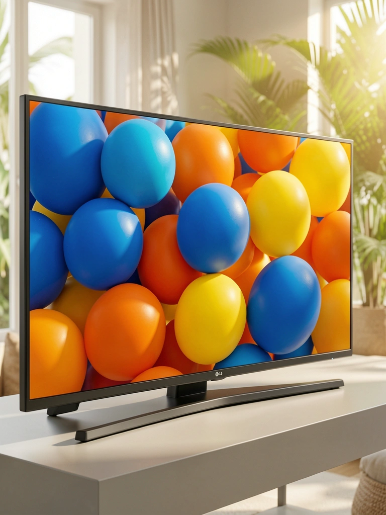 Luz natural incide sobre TV LG Smart de tela fina e preta, exibindo esferas coloridas abstratas em azul, laranja e amarelo sobre superfície cinza clara.