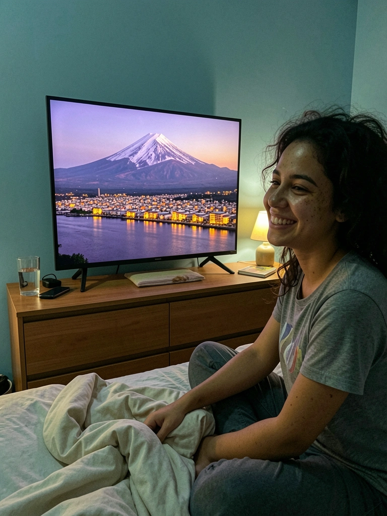 Pessoa sentada na cama assistindo a uma TV Android 32 em um quarto pequeno.