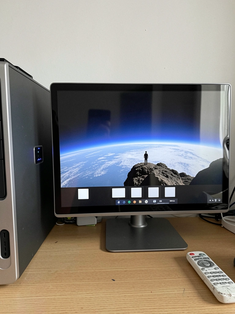 Monitor de 32 polegadas exibindo imagem colorida sobre mesa de madeira, com controle remoto ao lado.