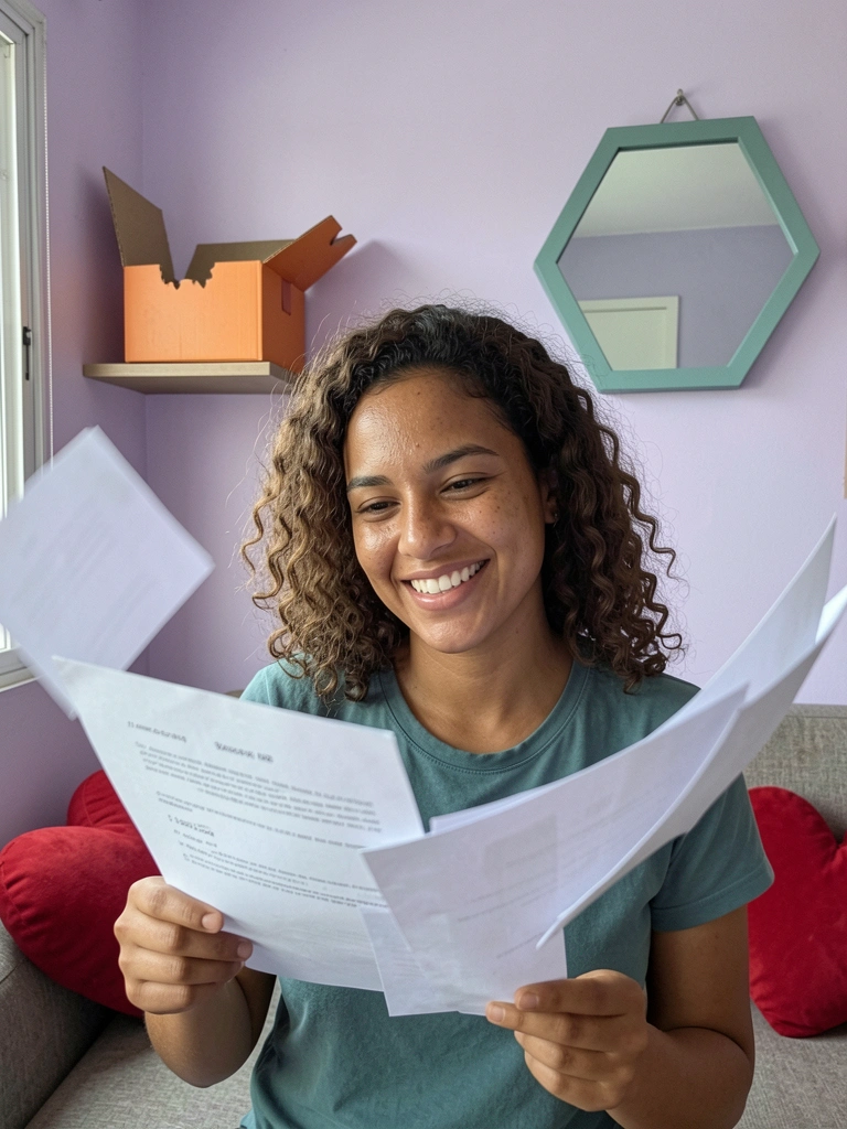 Mão segurando um documento impresso enquanto outras páginas voam ao redor