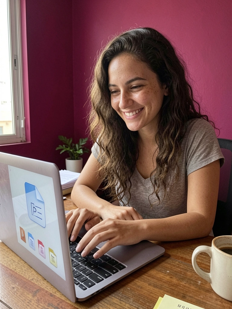 Pessoa sorrindo usando notebook com símbolos de PDF na tela