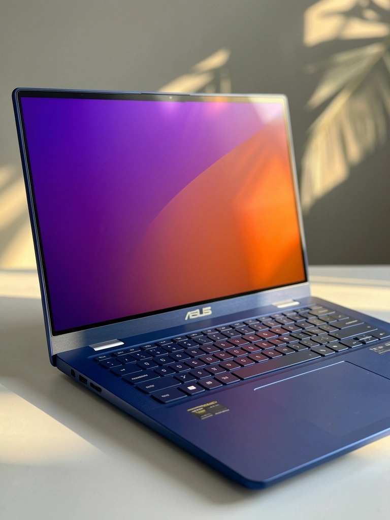 Laptop Asus Vivobook OLED azul escuro em close-up, teclado detalhado, tela com gradiente roxo e laranja, luz difusa suave e fundo cinza neutro desfocado.