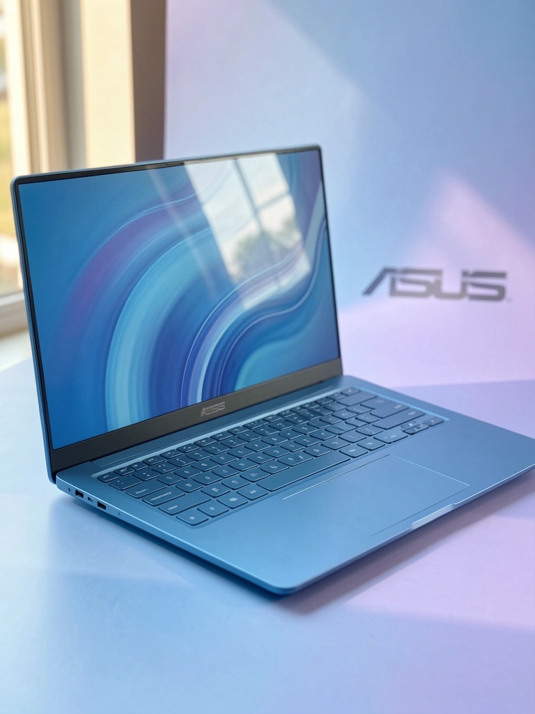Laptop ASUS Vivobook azul-claro sobre fundo gradiente azul e lavanda, teclado e trackpad visíveis, reflexos sutis e luz natural suave.