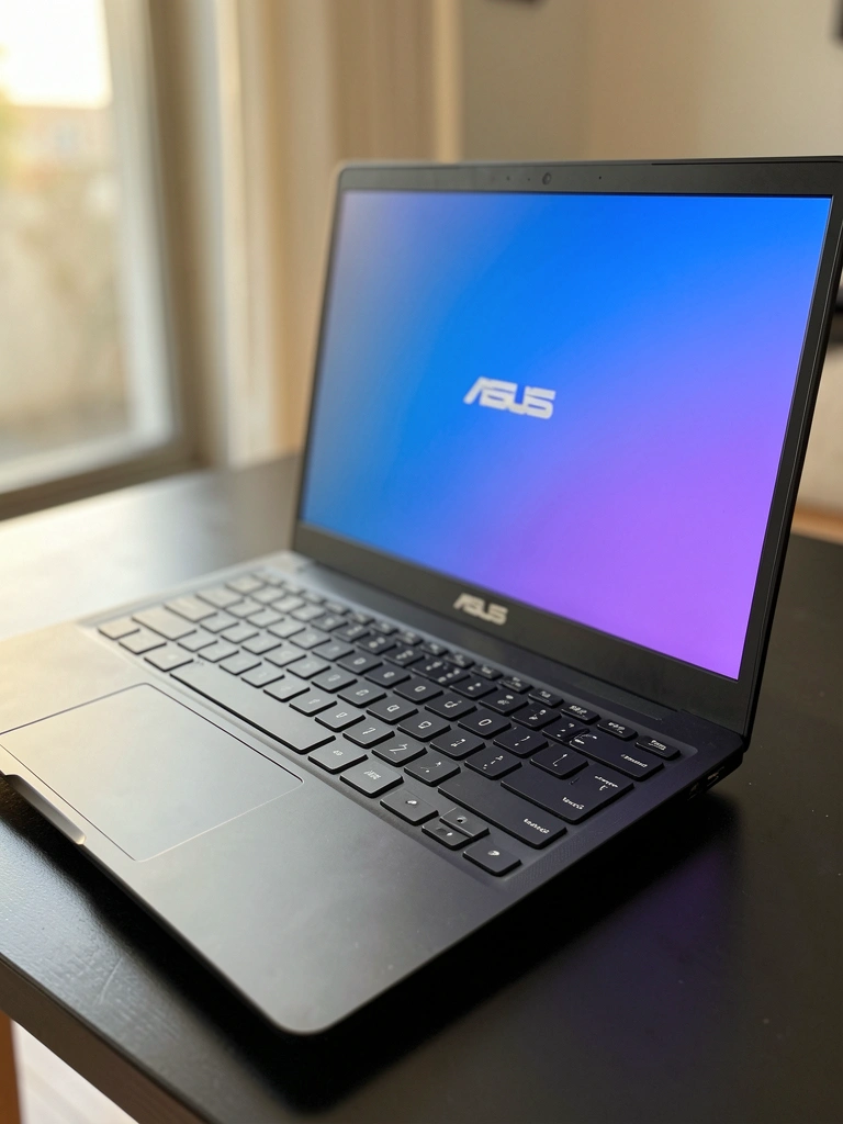 Close-up de notebook ASUS Vivobook OLED preto em superfície escura, tela com gradiente azul e roxo, teclado e logo prateado à mostra, luz natural e fundo desfocado.