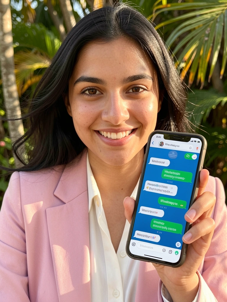 Jovem sorrindo com blazer rosa claro segurando smartphone com tela de WhatsApp, luz natural filtrada por folhagens ao fundo.