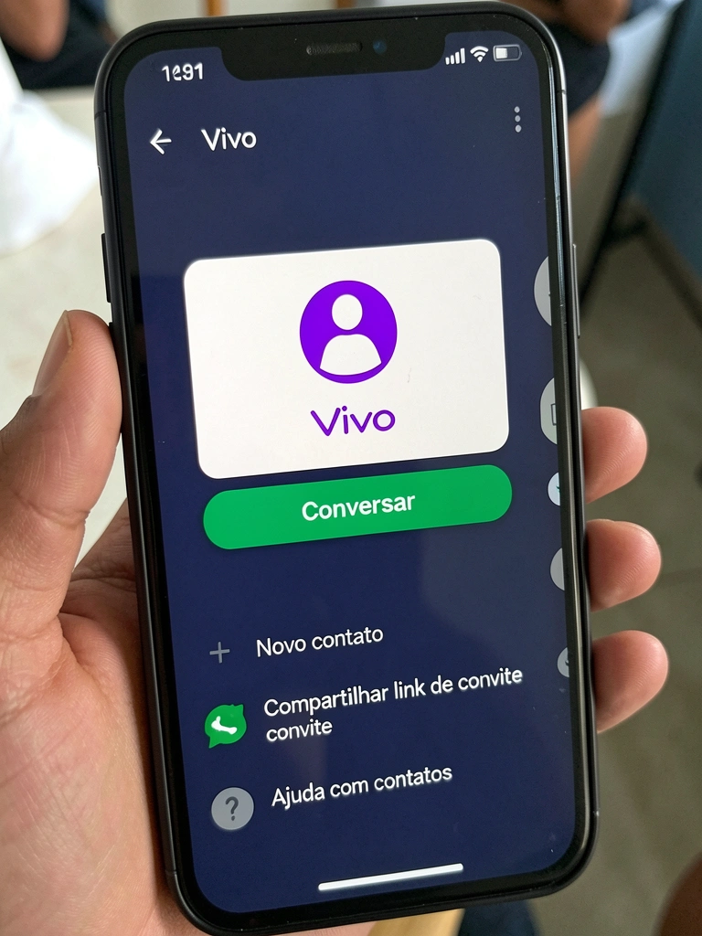 Cliente e vendedor conversando em um smartphone, com a tela mostrando o aplicativo de mensagens.
