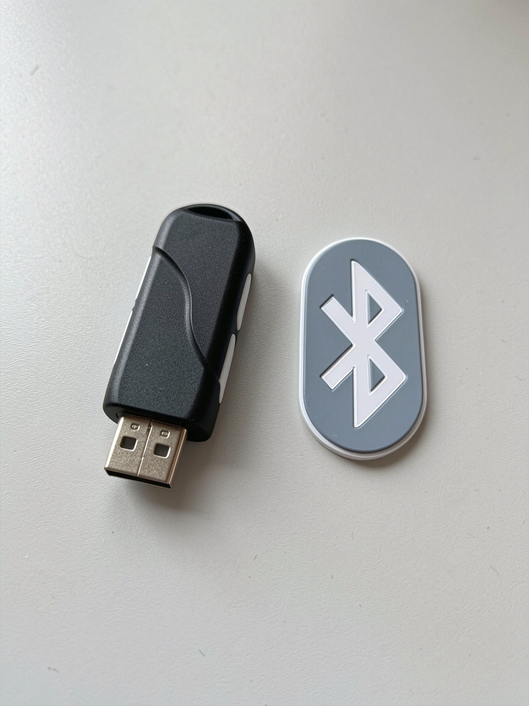 Dongle USB prateado ao lado de um ícone azul de Bluetooth sobre fundo cinza claro