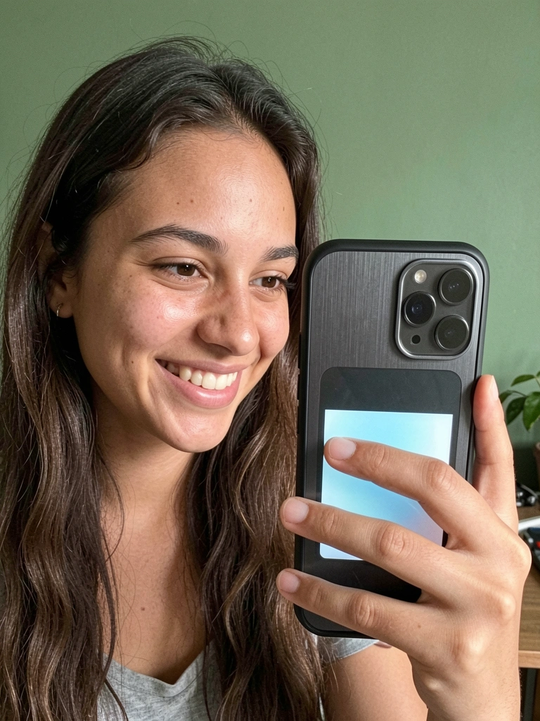 Duas pessoas sentadas em um sofá, uma segurando um smartphone para tirar foto e a outra olhando a tela.