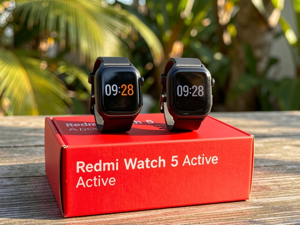 Dois smartwatches Redmi Watch 5 Active com pulseiras pretas sobre caixa de papelão vermelha, mostrando 09:28 no display, luz natural quente e fundo levemente desfocado.