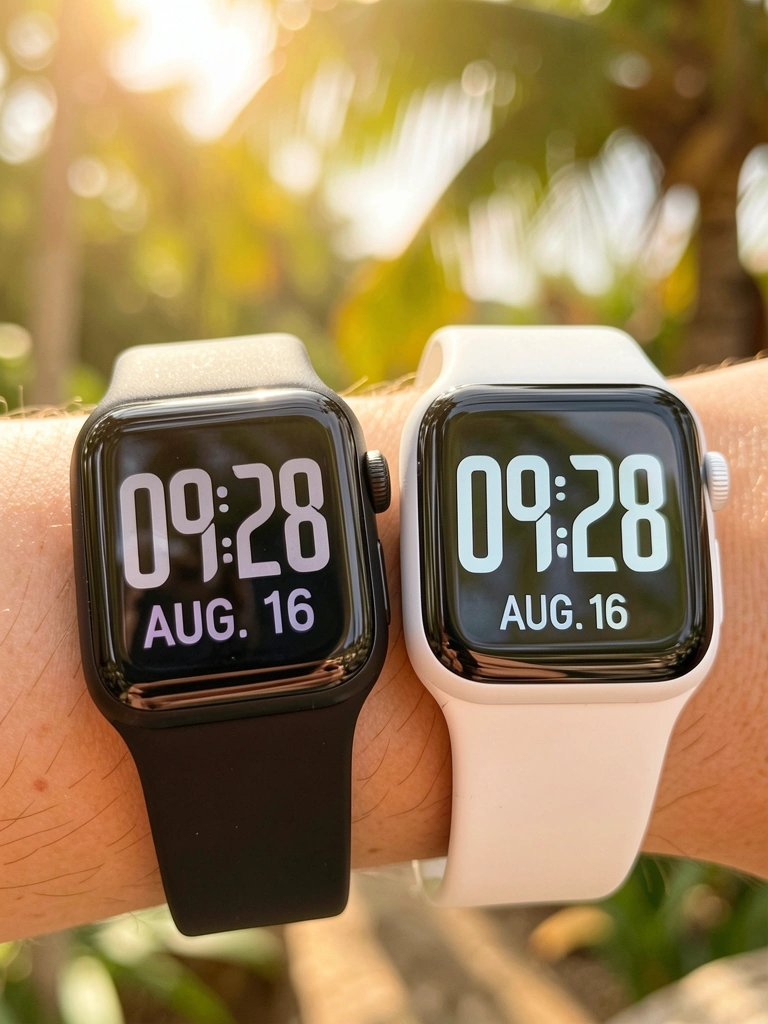 Dois smartwatches quadrados, um preto e um branco, exibem 09:28 e AUG.16 em dígitos grandes; fundo desfocado com luz solar tropical.